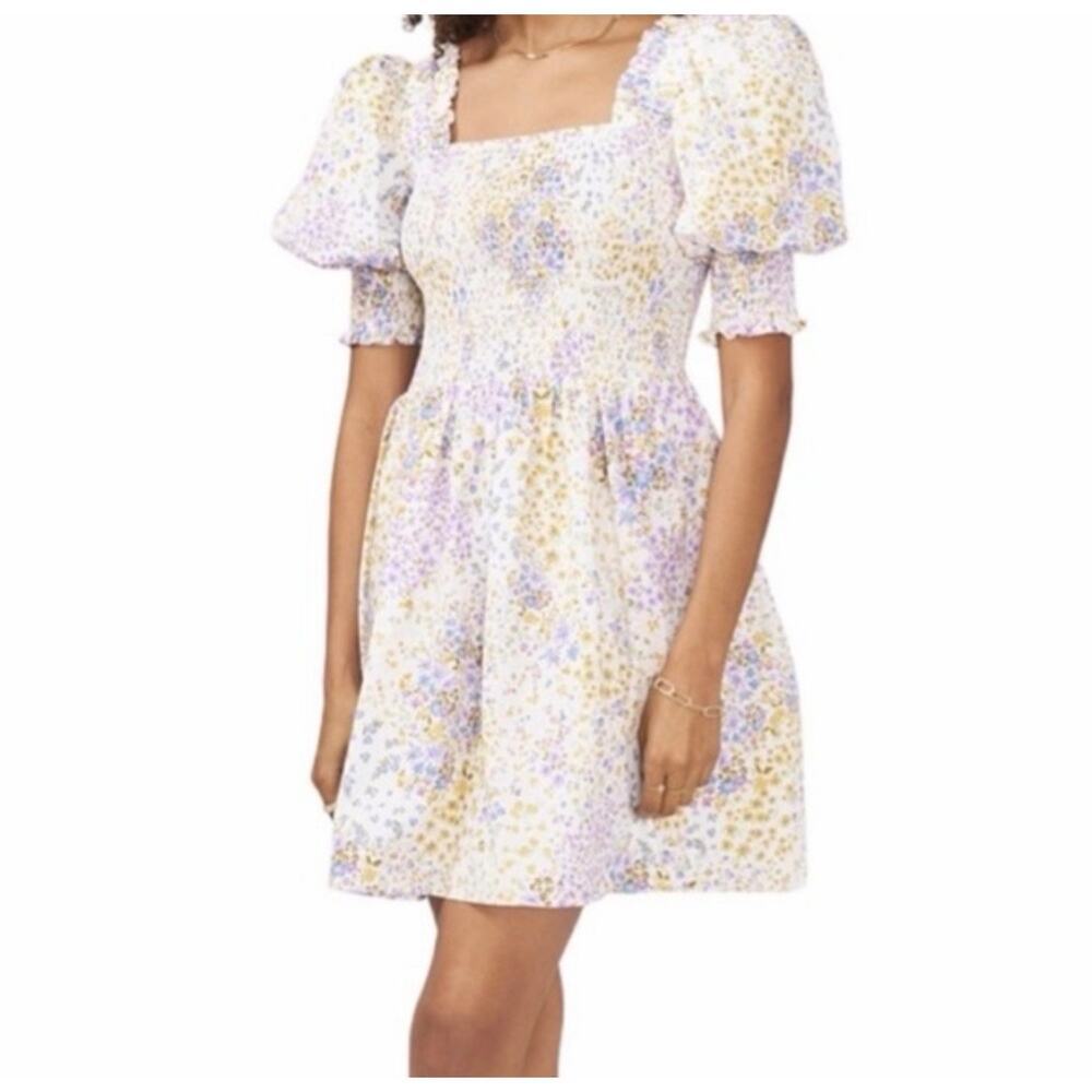 1. STATE Floral Puff Sleeve Smocked Mini Dress NWT Size Large